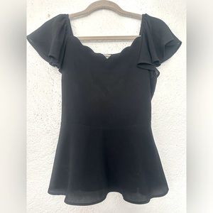 MONTEAU • Black Peplum Scalloped Neck Top Medium